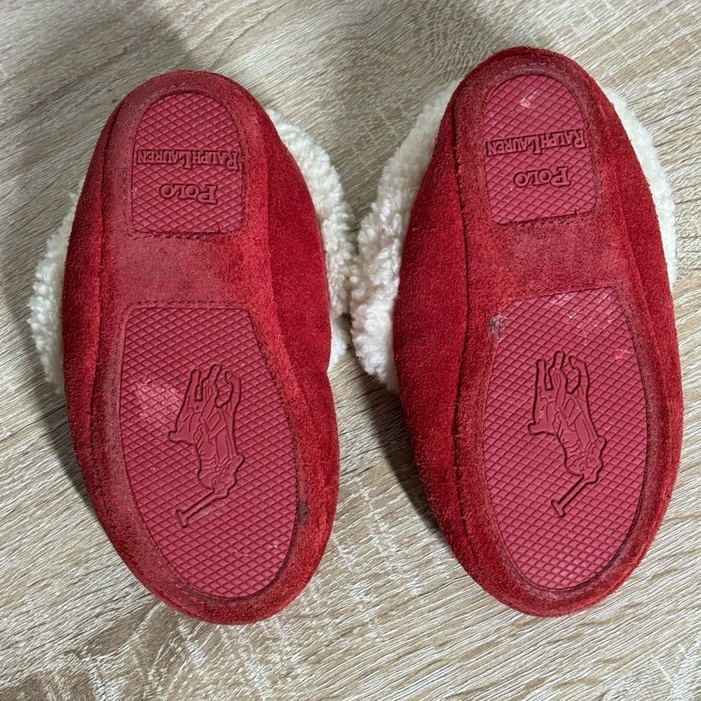 Polo Ralph Lauren Kids Size 9 Red Suede Sheepskin Slippers Moccasin Unisex - Picture 3 of 11